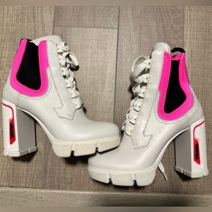 Prada Chunky White and Neon Pink Lace-up Ankle Boots